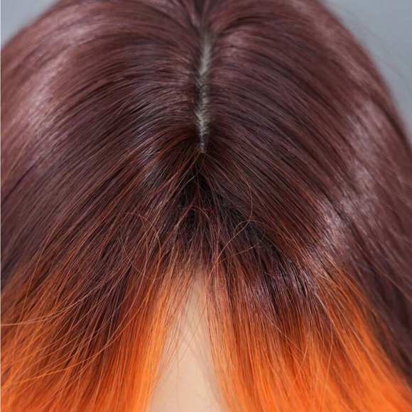 Flame Orange Highlight Wigs For Women Soft Long Wavy Wig With Curtain Bangs - Picture 4 of 6